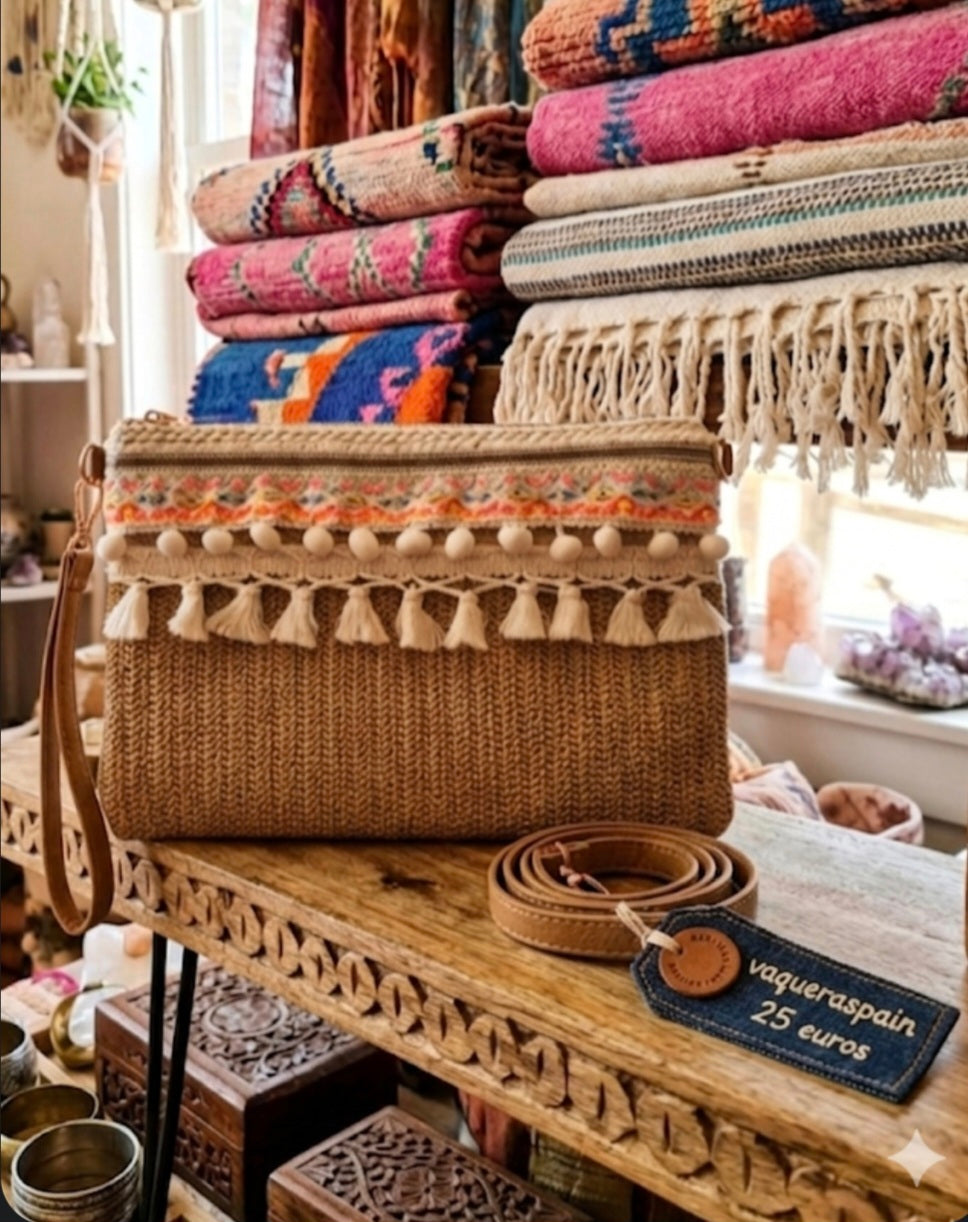 Bolso boho artesanal hecho a mano con flecos y bordados | vaqueraspain