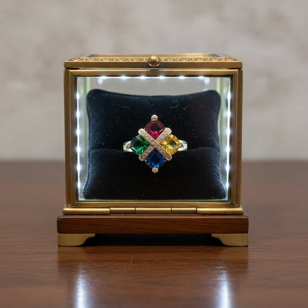 Anillo Art Deco dorado con forma de rombo angular expuesto en una vitrina de joyería
