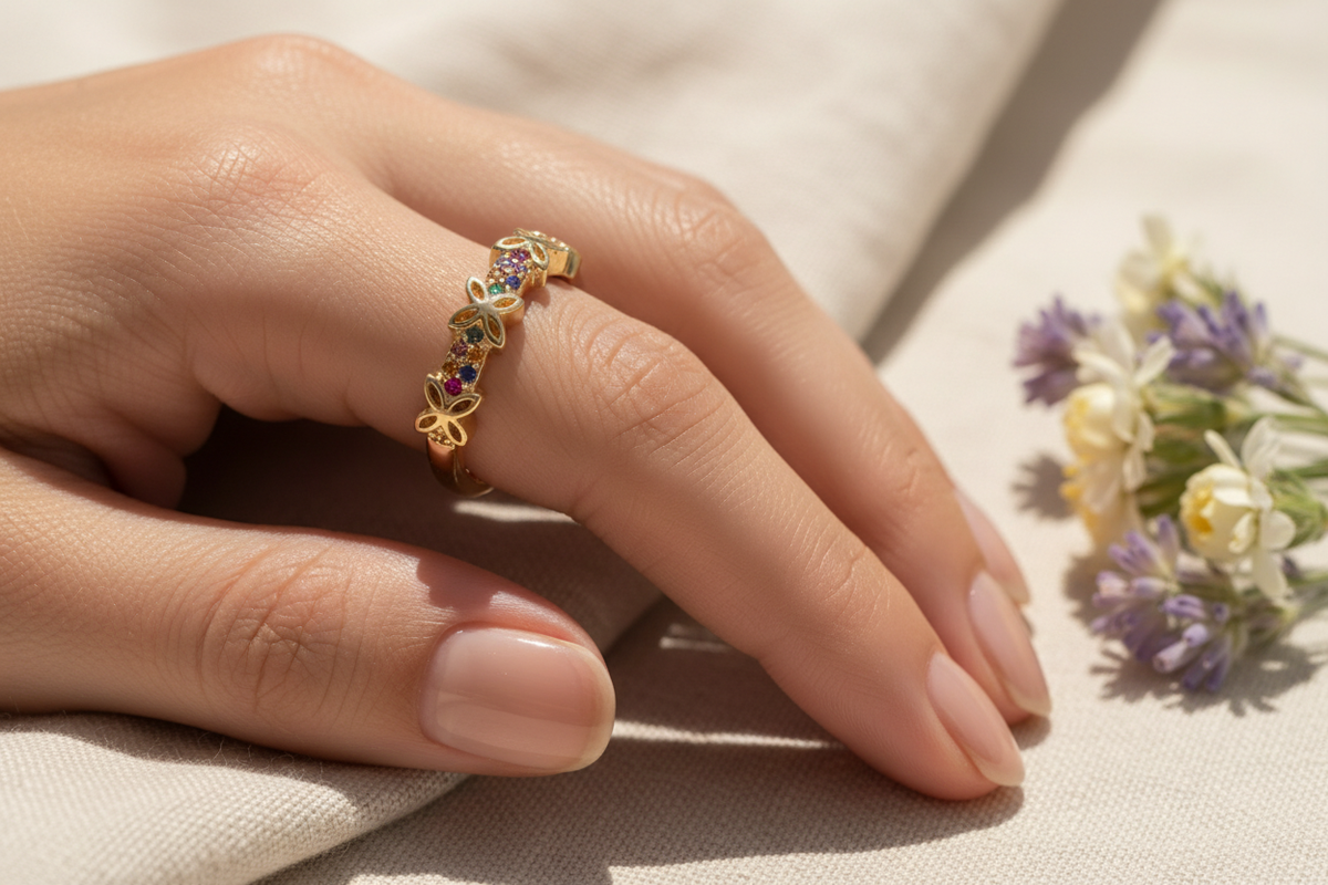 Anillo dorado puesto en la mano