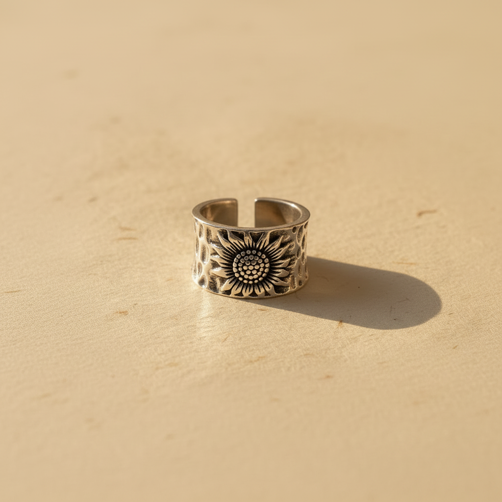 Anillo Girasol con Semillas visto de frente sobre fondo beige cálido, con pétalos y centro detallado