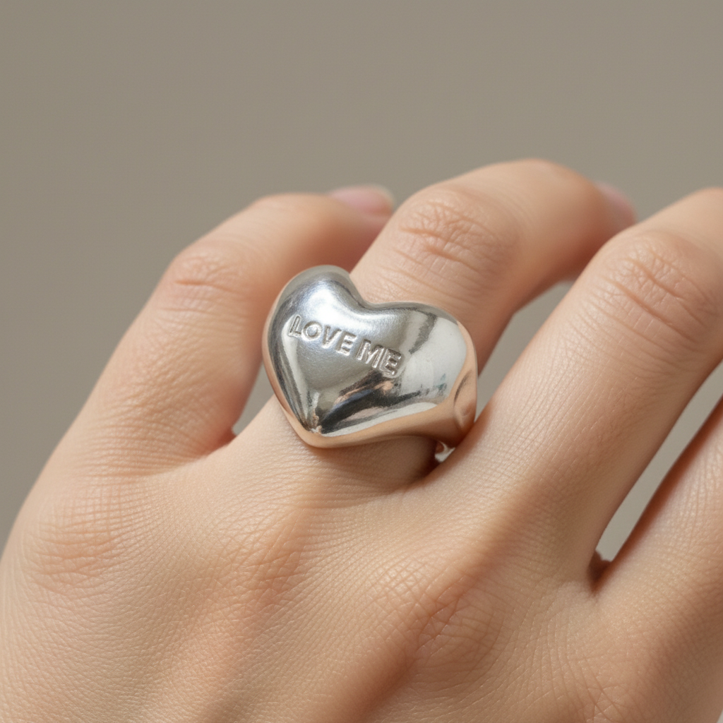 Anillo LOVE ME puffy de plata 925 con inscripción visible en la mano de una modelo