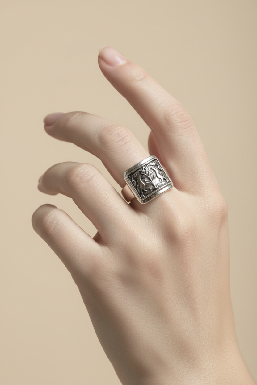 Anillo Pájaros con Flor en modelo fondo beige