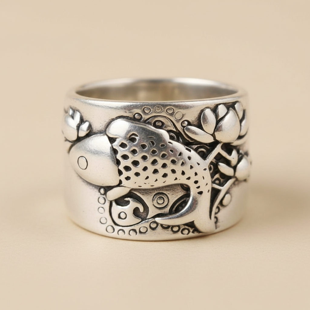 Anillo Pez Koi frontal plata fondo beige