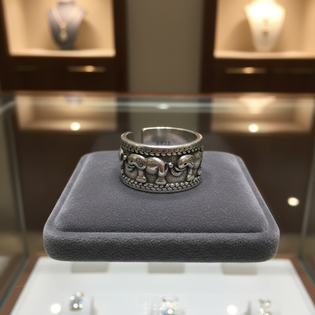 Anillo Procesión de Elefantes en una vitrina