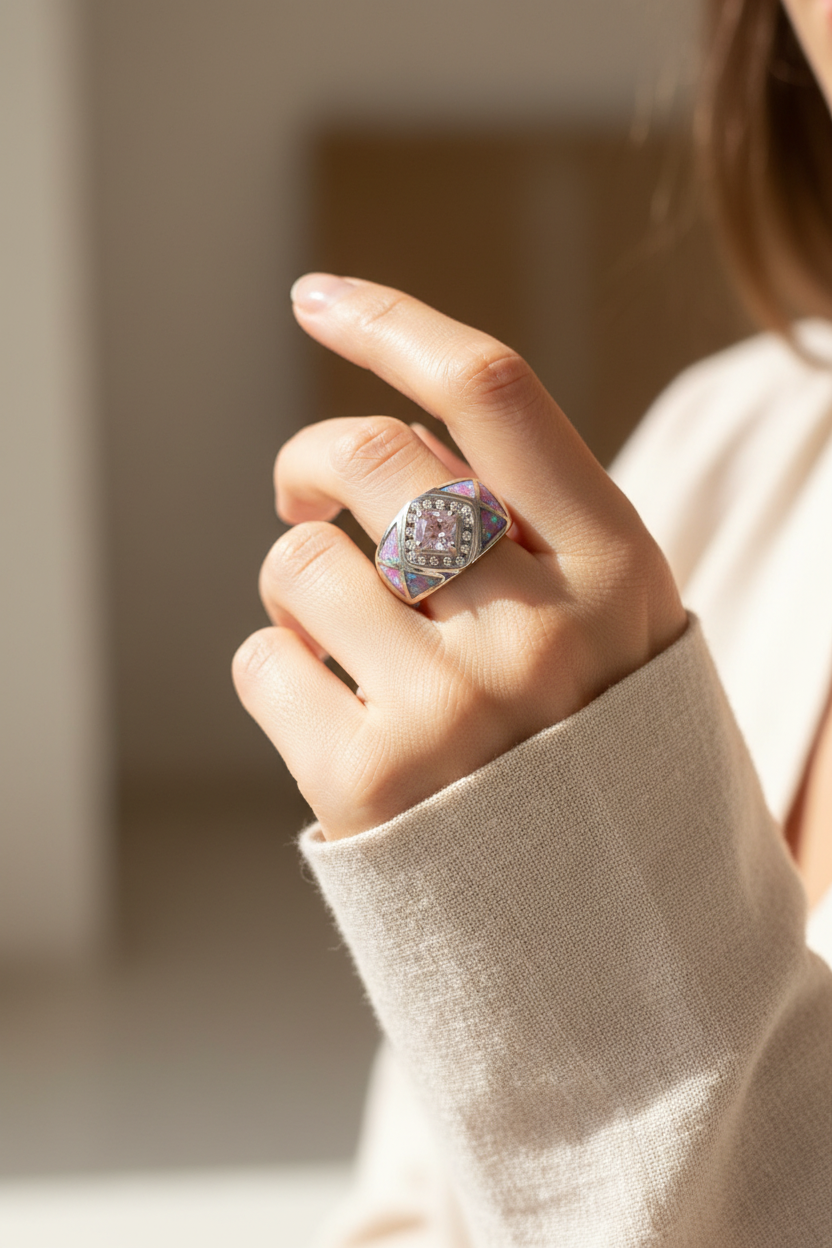 Anillo Rombo Rosa llevado por una modelo