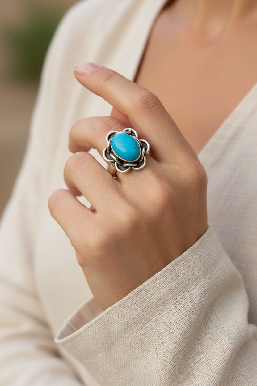 Anillo Silueta Flor llevado por una modelo