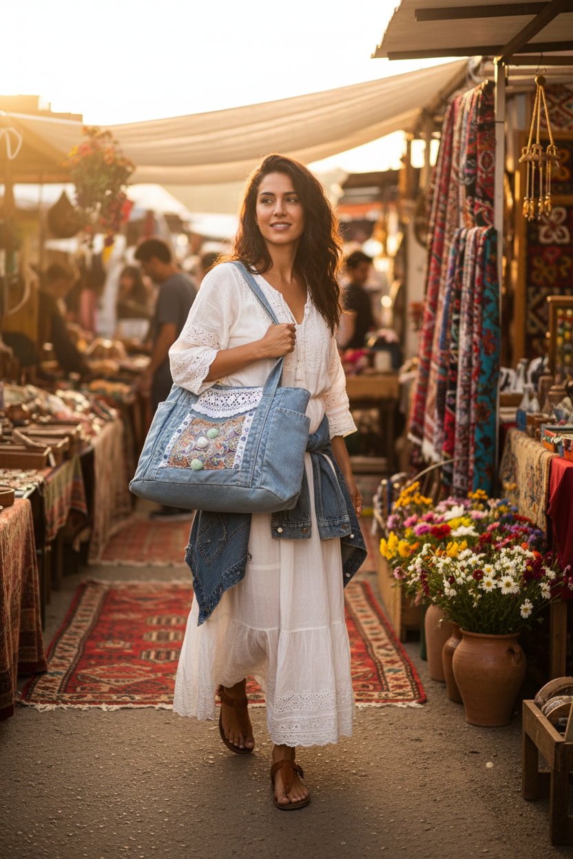 Bolso Denim Pompones lifestyle