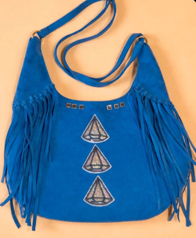 Bolso bohemio azul rey detalle flecos y triángulos - vaqueraspain