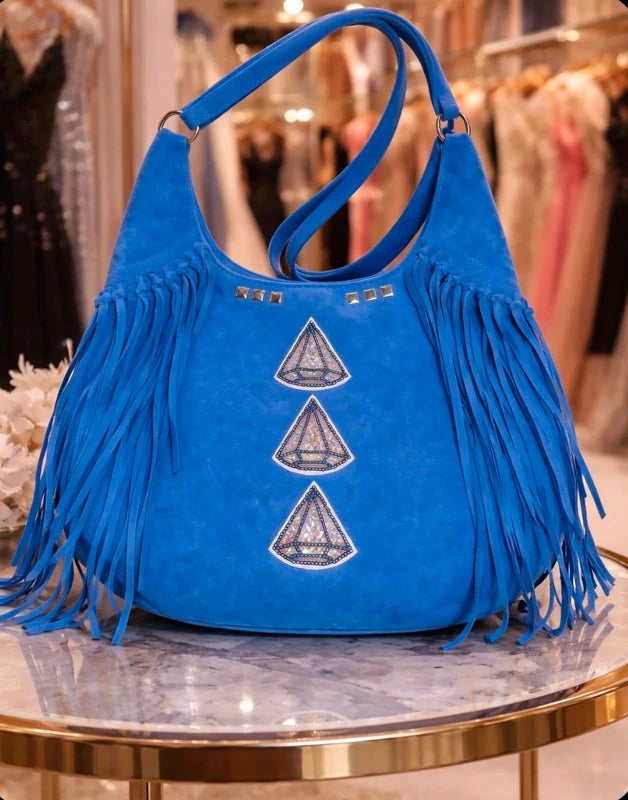 Bolso boho azul rey flecos vista frontal - vaqueraspain