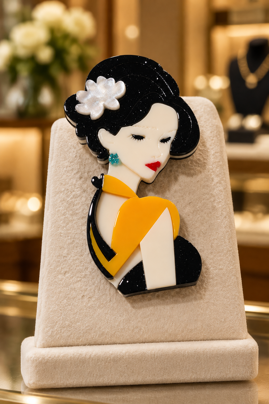 Broche Alma de Geisha expuesto en una boutique