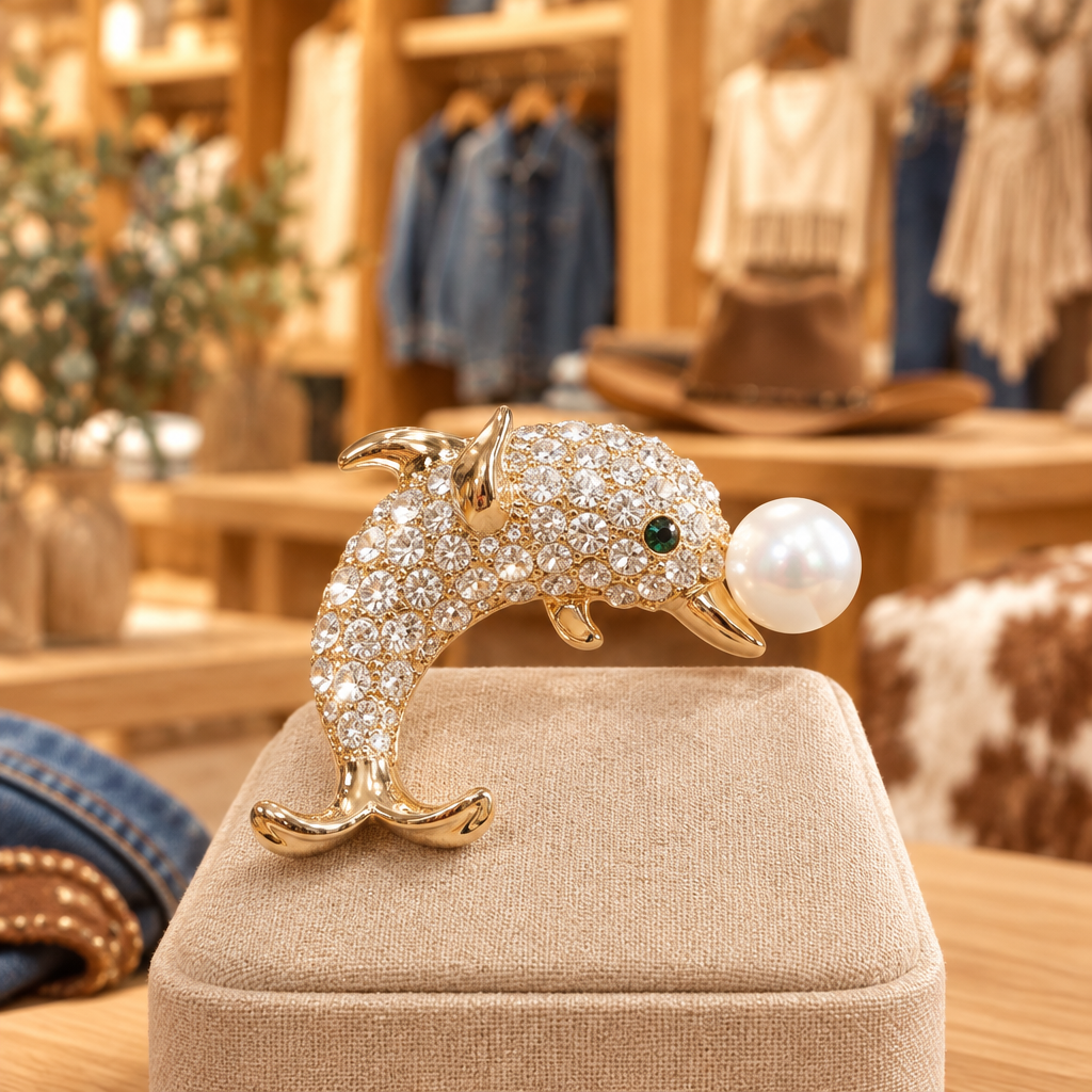 Broche dorado con ojo verde expuesto en una boutique