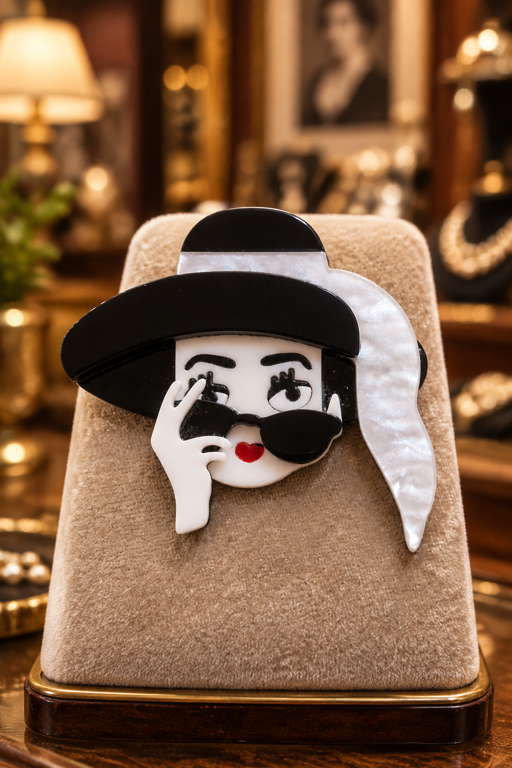 Broche La Dama del Sombrero Negro expuesto en una boutique