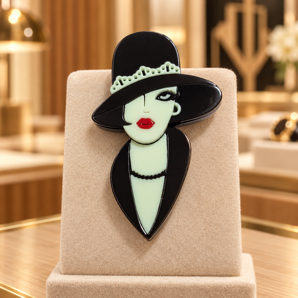 Broche Musa Art Déco expuesto en una boutique