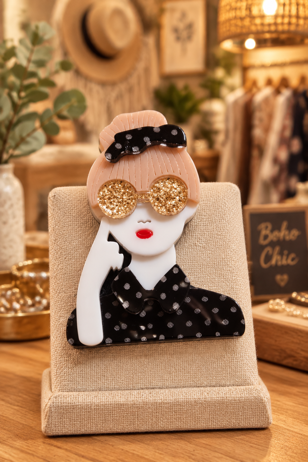 Broche Musa de Lunares expuesto en una boutique