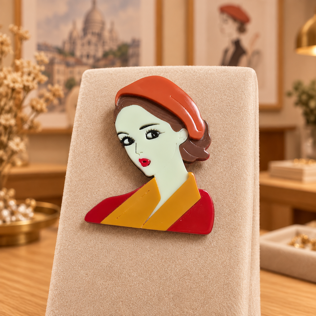 Broche Musa de Montmartre expuesto en una boutique