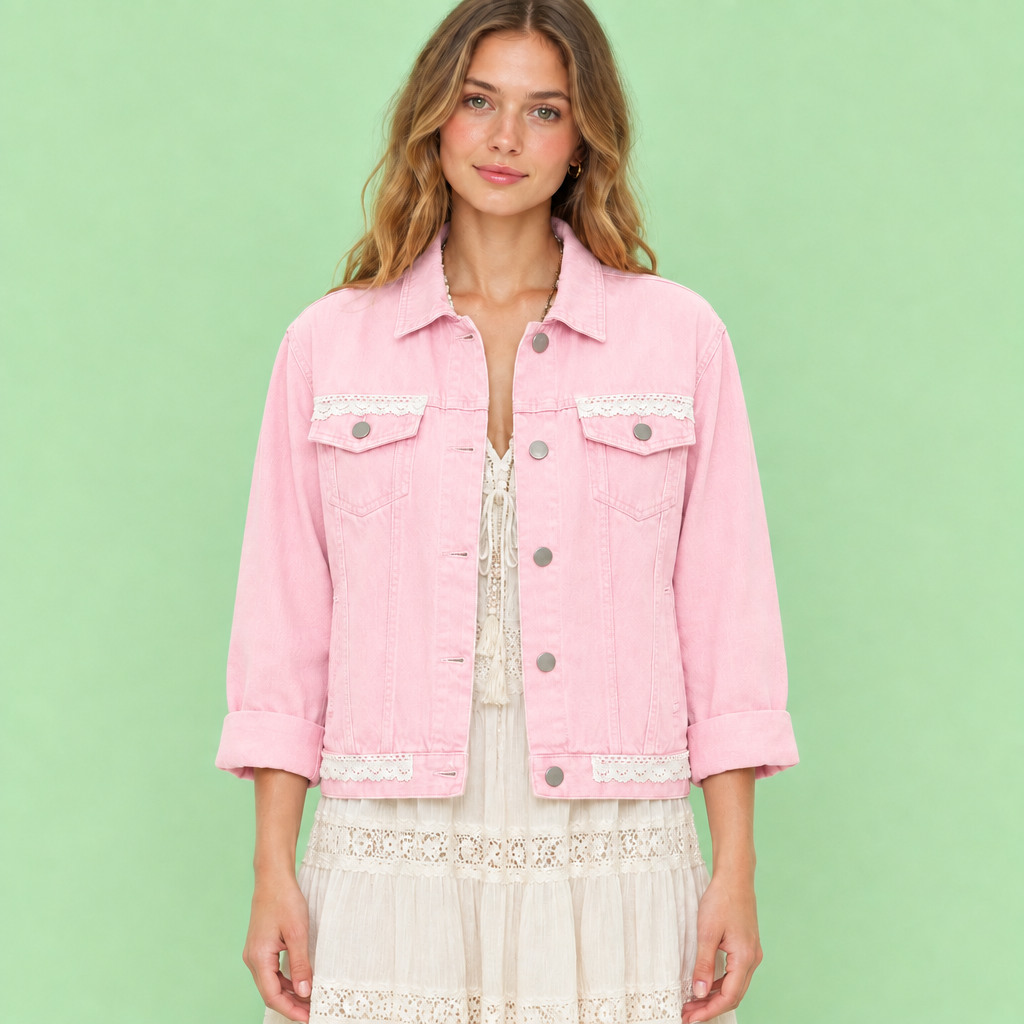 Chaqueta Romántica Pompones en modelo, rosa pastel