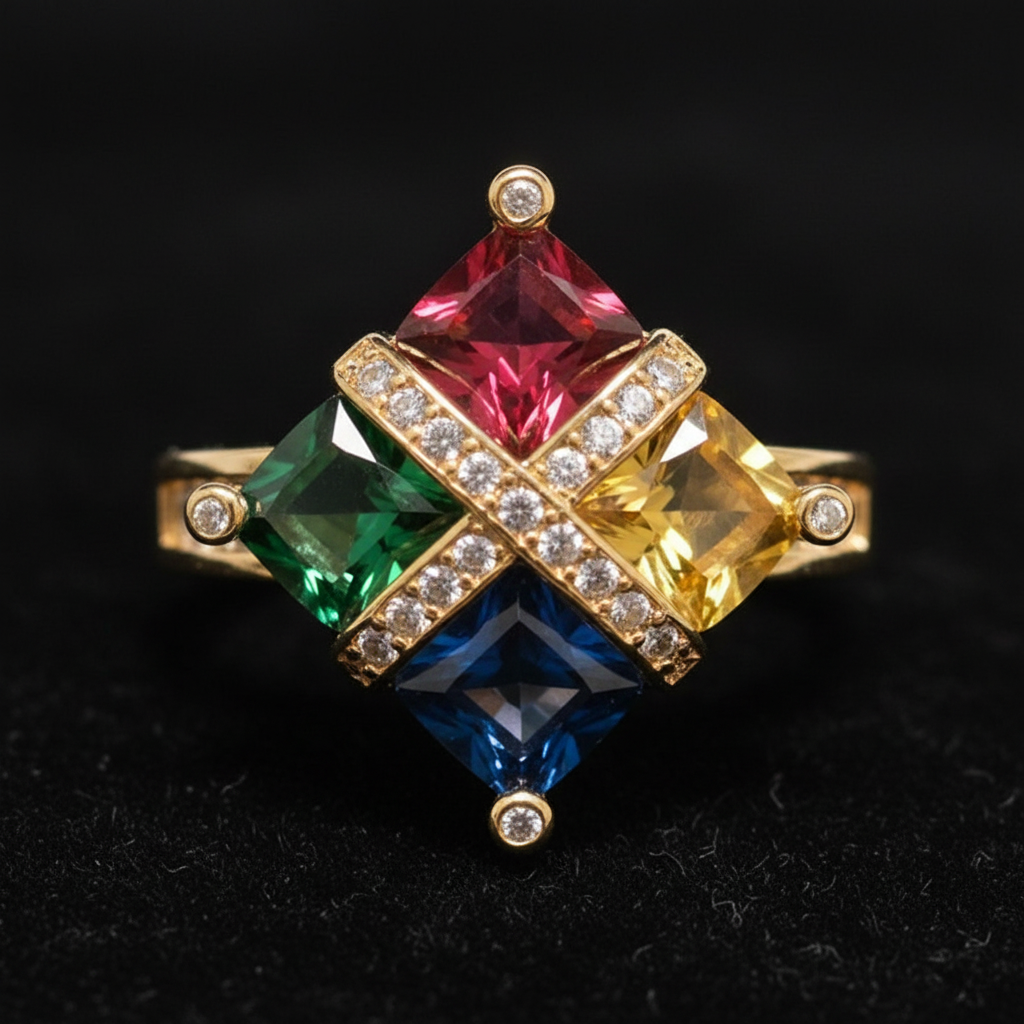Detalle frontal del Anillo Art Deco dorado con forma de rombo angular y esquinas definidas