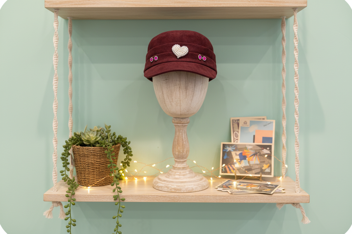 Gorra Love Velvet en tienda fondo verde