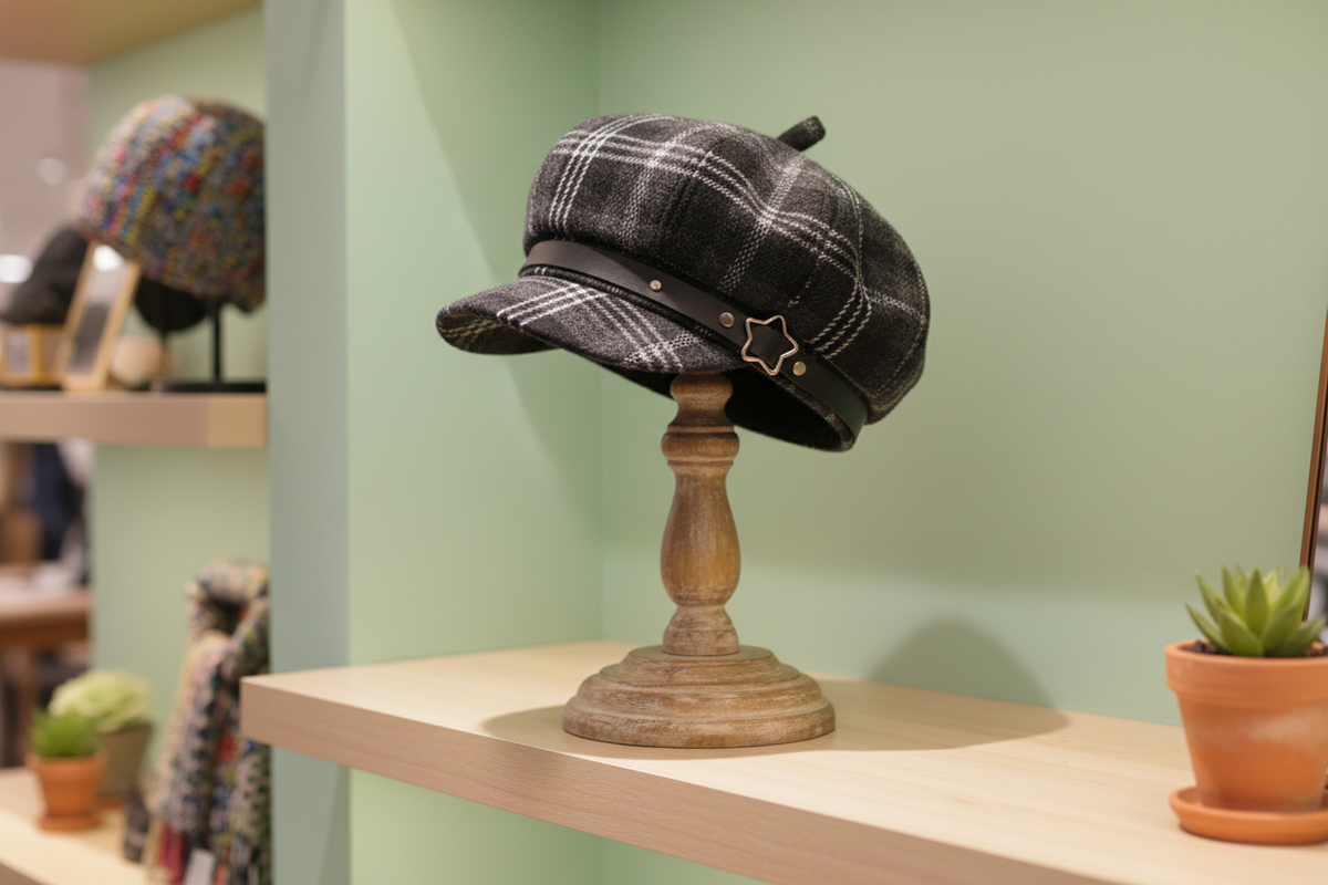 Gorra Tartán Gris en tienda fondo verde