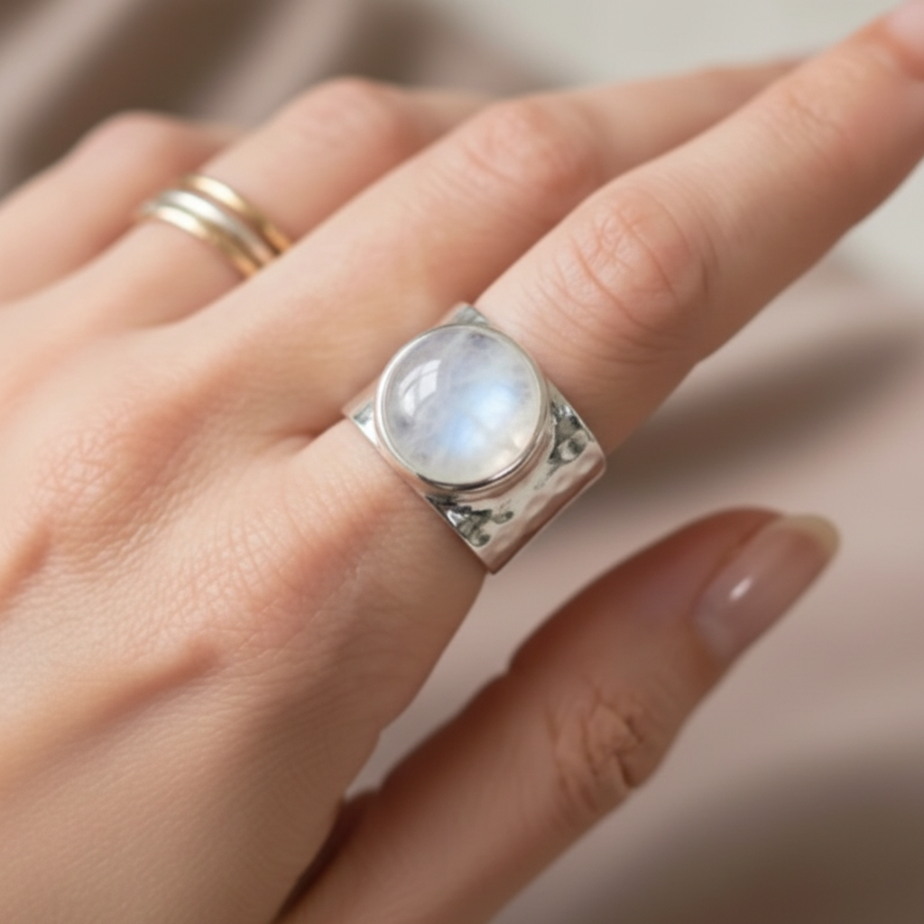 Anillo ajustable de Plata 925 con piedra lunar en la mano de una modelo