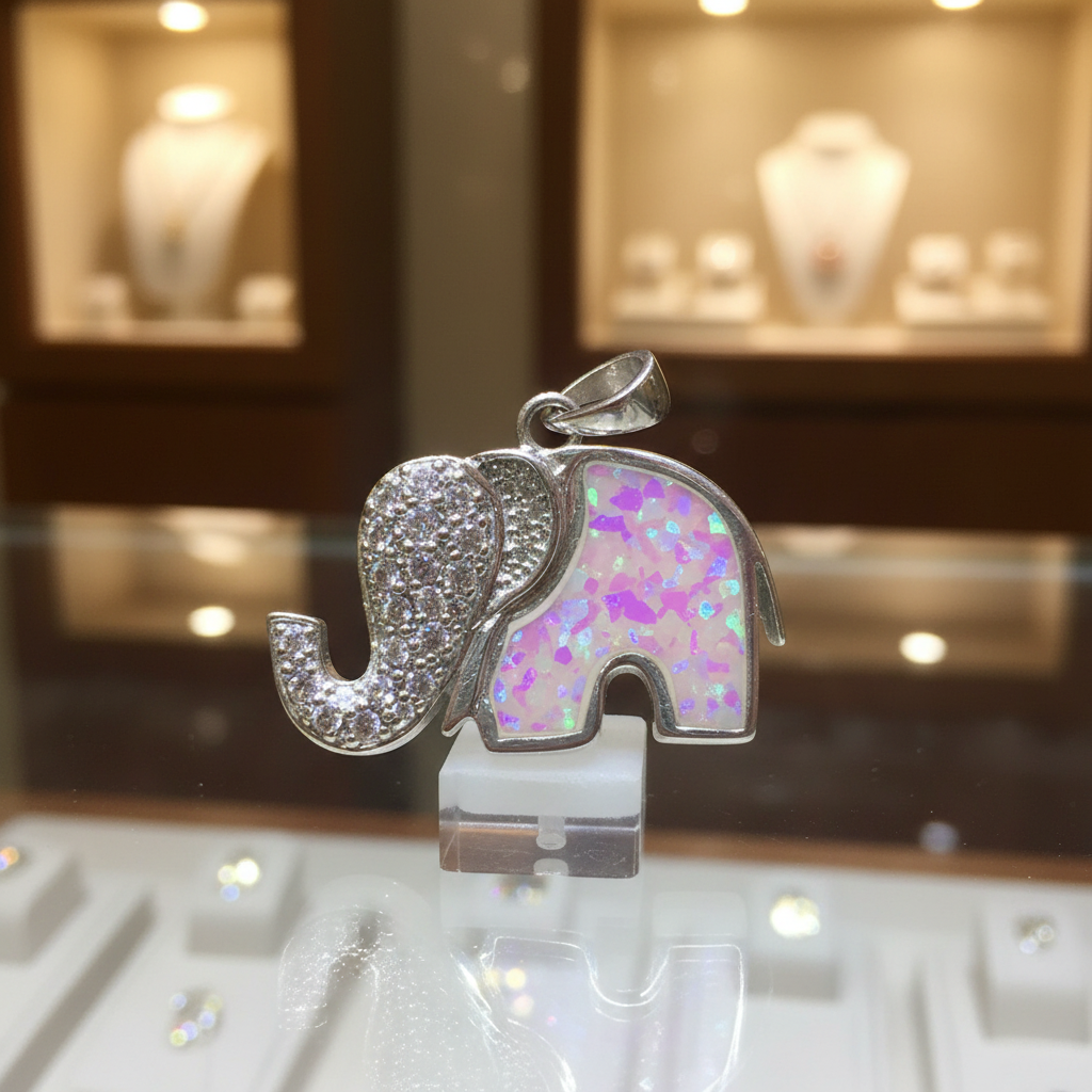 Colgante Elefante Brillante de plata 925 expuesto en una vitrina de joyería