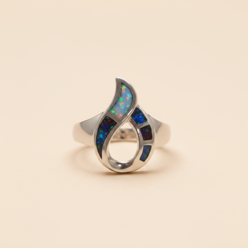 Anillo Llama de Fuego de plata 925 con ópalo negro, visto de frente en formato cuadrado