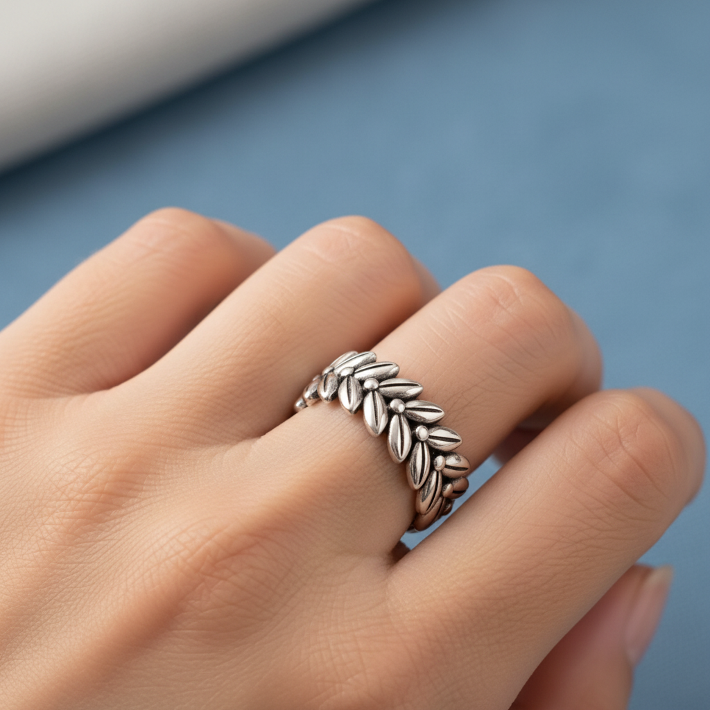 Anillo ajustable de acero con corona de laureles y espigas en la mano de una modelo