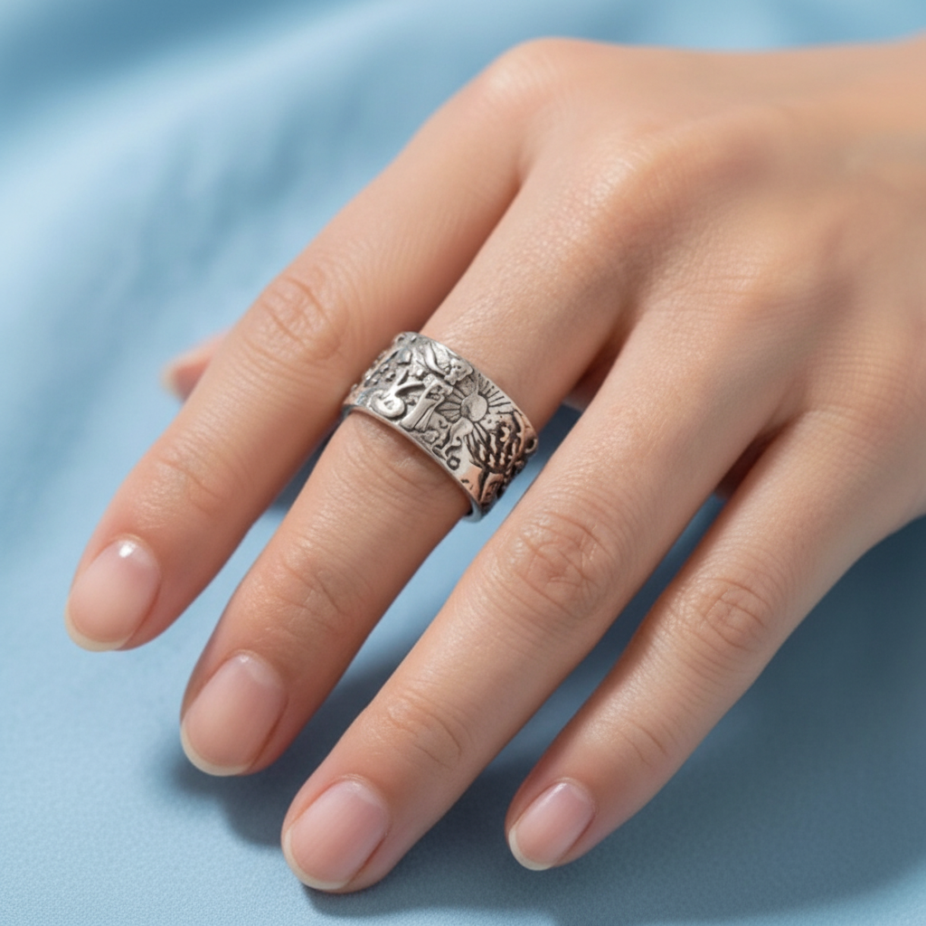 Anillo Asteroide Principito de acero con estrellas y planetas en la mano de una modelo