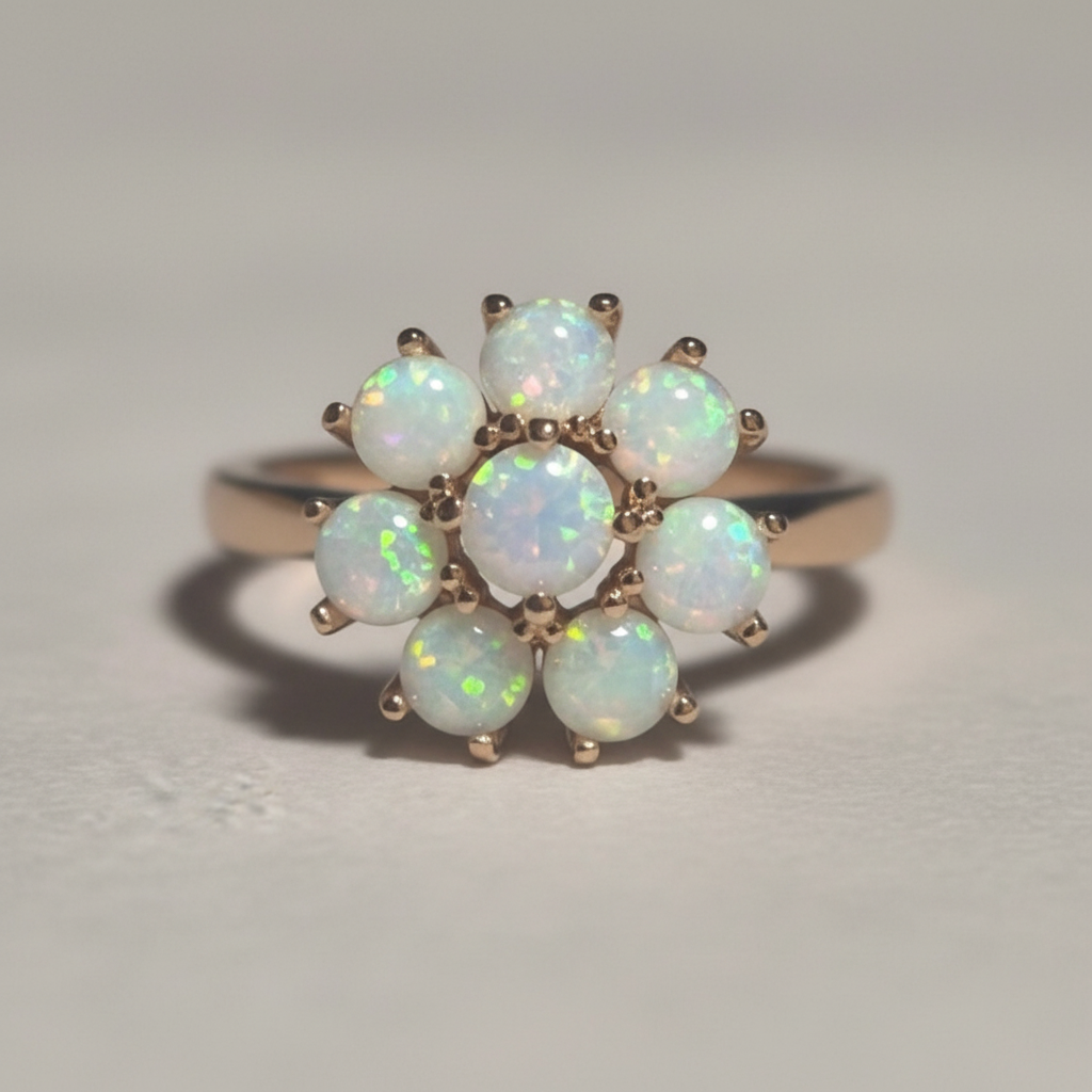 Detalle del diseño floral y del ópalo sintético blanco de un Anillo Flor Gold Filled