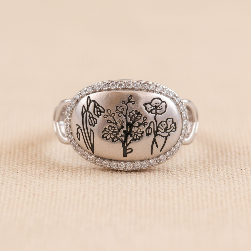Anillo ajustable de Plata 925 con diseño de flores silvestres visto de frente sobre fondo beige