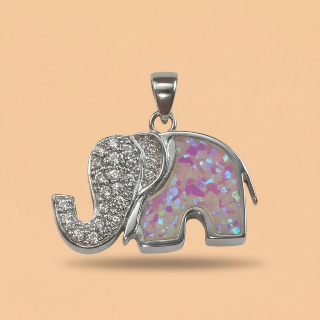 Colgante Elefante Brillante de plata 925 con strass y ópalo sintético, visto de frente