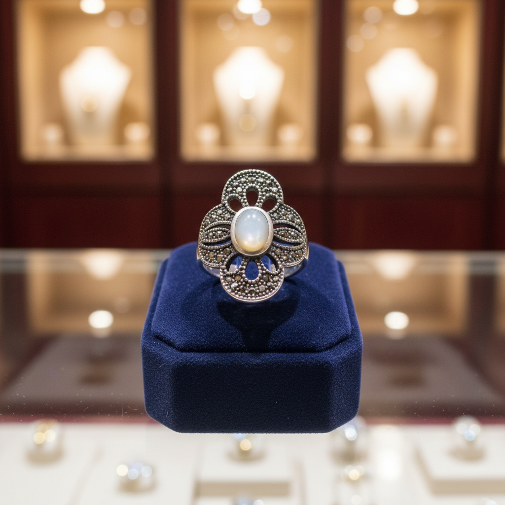 Anillo Marquesita de acero talla 21 expuesto en una vitrina de joyería