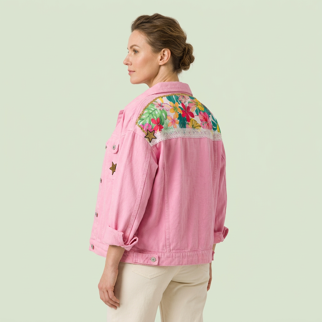 Modelo con chaqueta rosa de estrellas y franja floral tropical