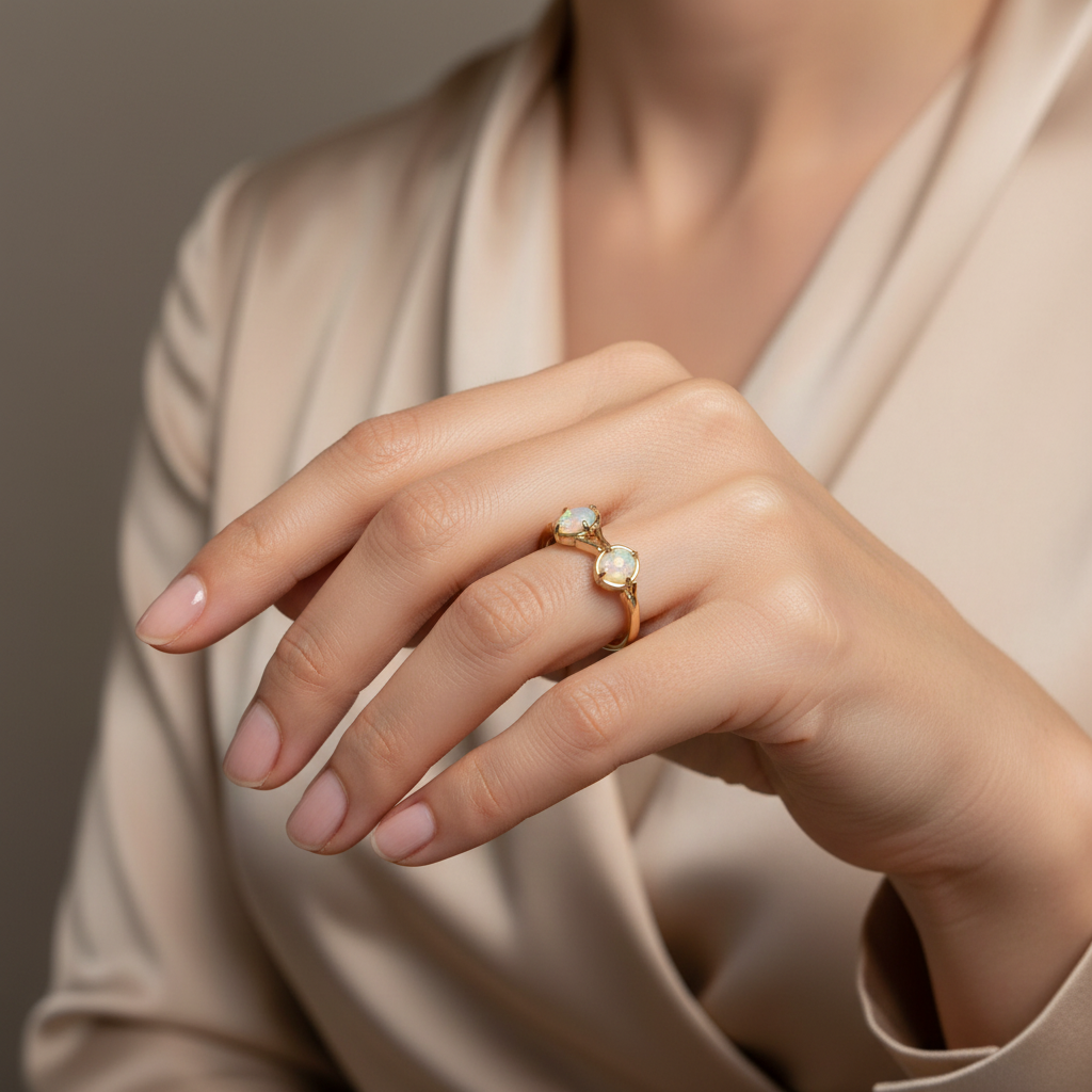 Anillo Trilogía Vintage en oro amarillo 18K con tres ópalos en la mano de una modelo