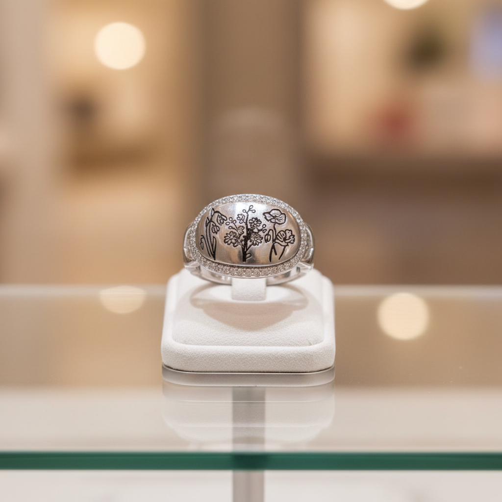 Anillo ajustable de Plata 925 con flores silvestres expuesto en una vitrina de joyería