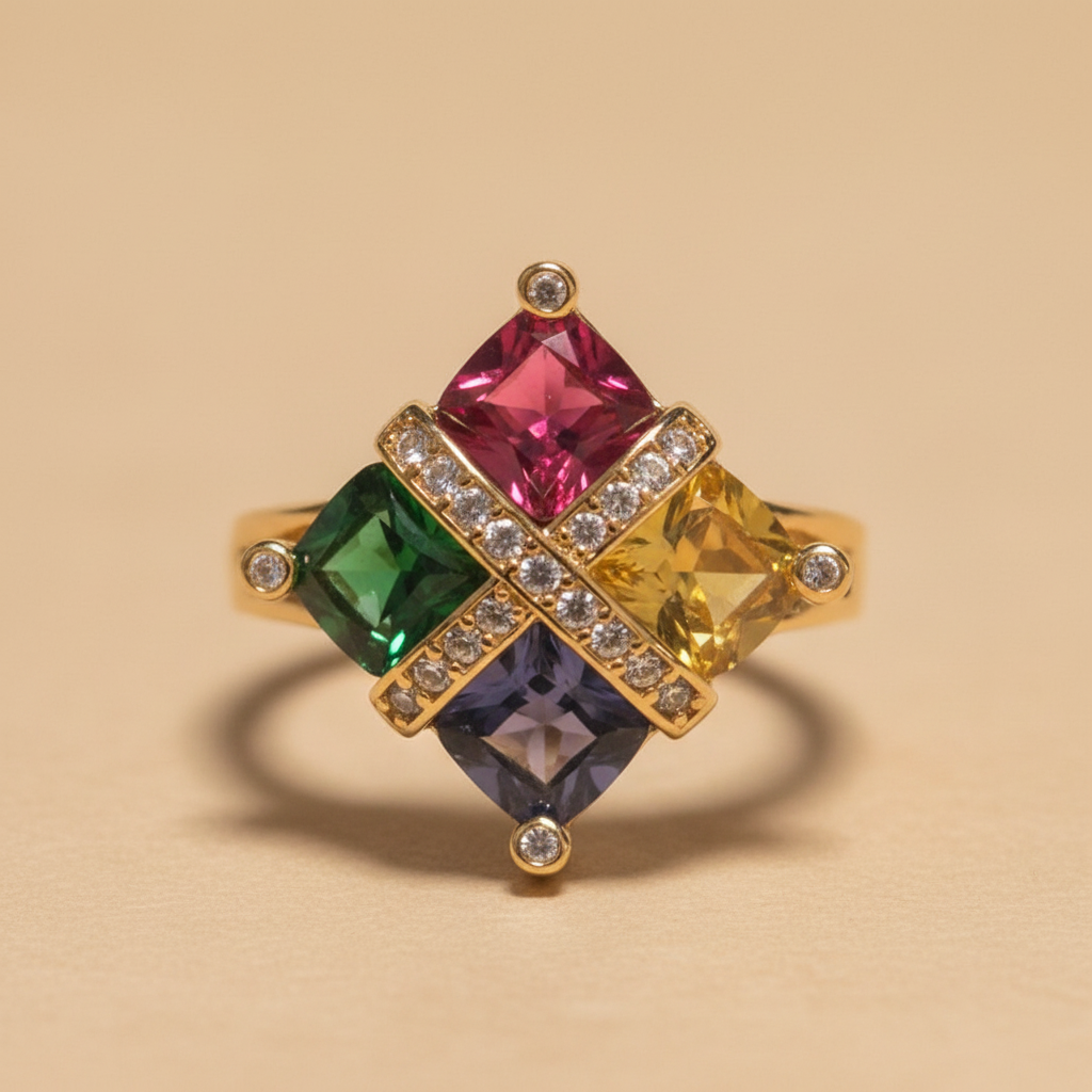 Anillo Art Deco de plata 925 chapado en oro de 18K, visto de frente sobre fondo beige