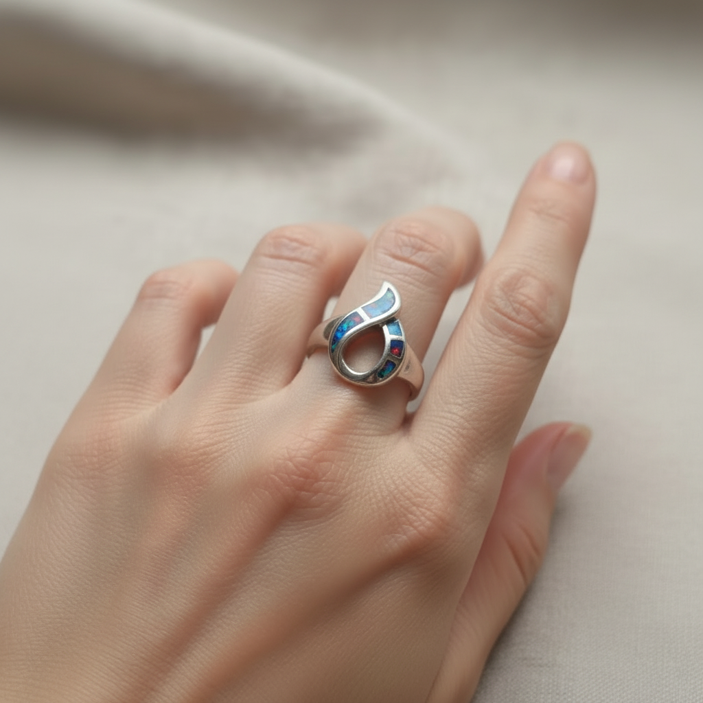Anillo Llama de Fuego de plata 925 con ópalo negro en la mano de una modelo, formato cuadrado