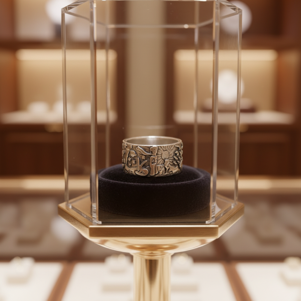 Anillo Asteroide Principito de acero expuesto en una vitrina de joyería
