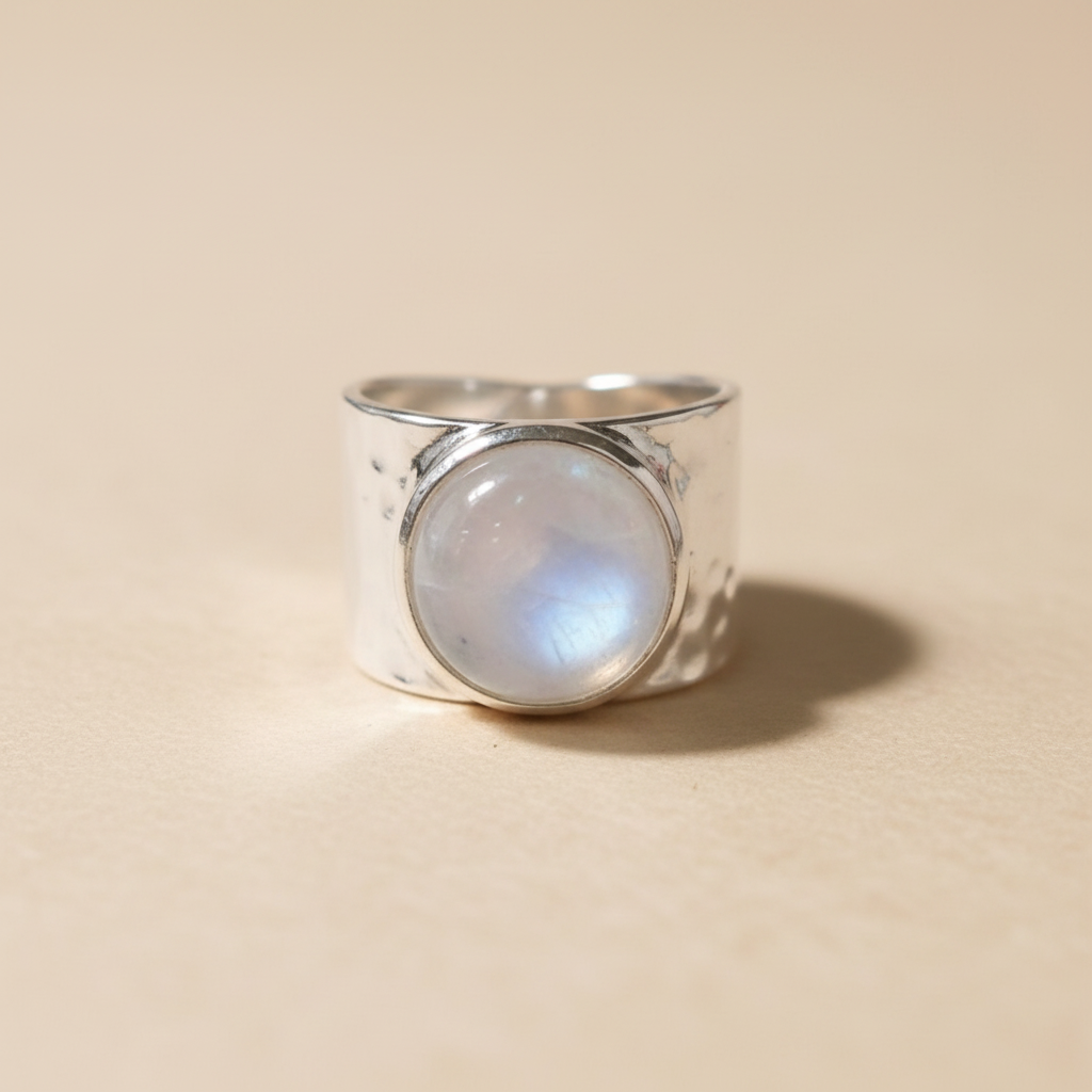 Anillo ajustable tipo sello de Plata 925 con piedra lunar visto de frente sobre fondo beige