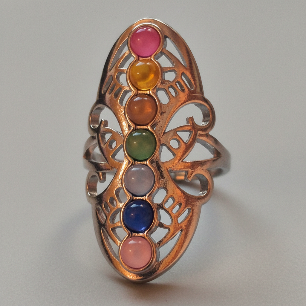 Detalle de los colores y la textura metálica del Anillo Alineación de Chakras