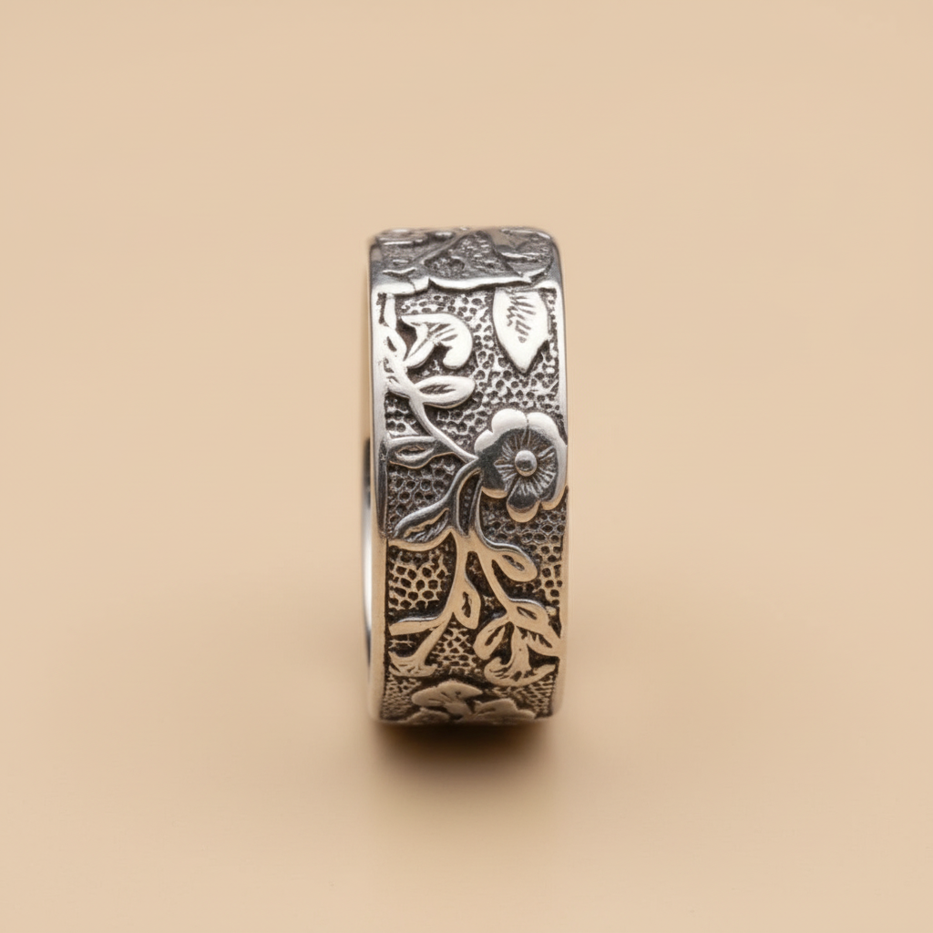 Anillo Eternity de acero con baño de rodio y acabado blanco plateado, visto de frente