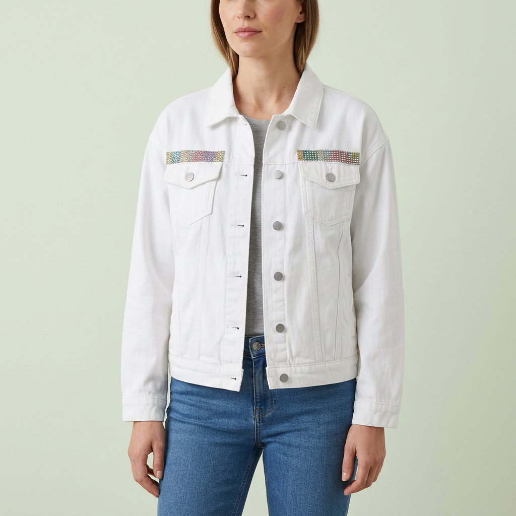 Modelo con chaqueta Luz de Nácar sobre fondo verde claro