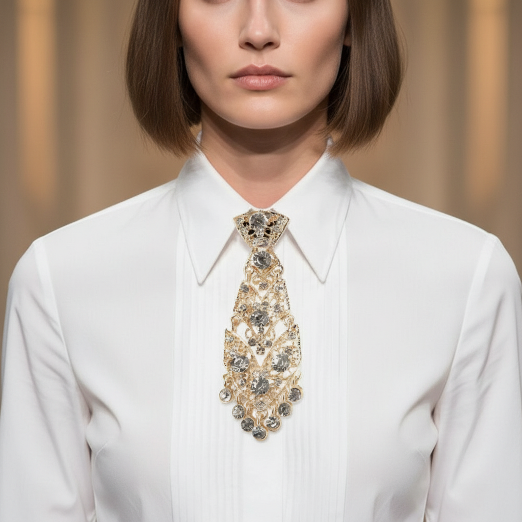 Corbata joya dorada con strass plateado llevada por una modelo sobre camisa blanca