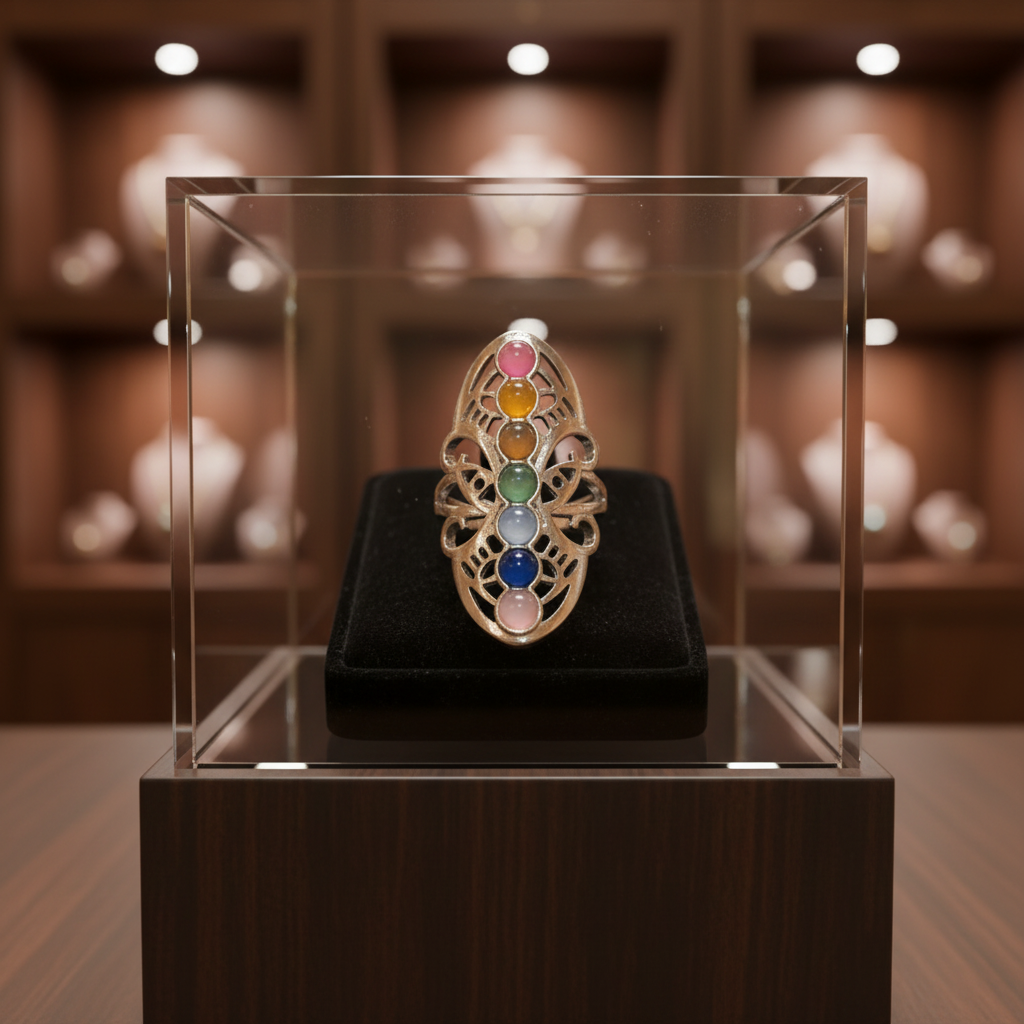 Anillo ajustable de acero inspirado en los chakras expuesto en una vitrina de joyería