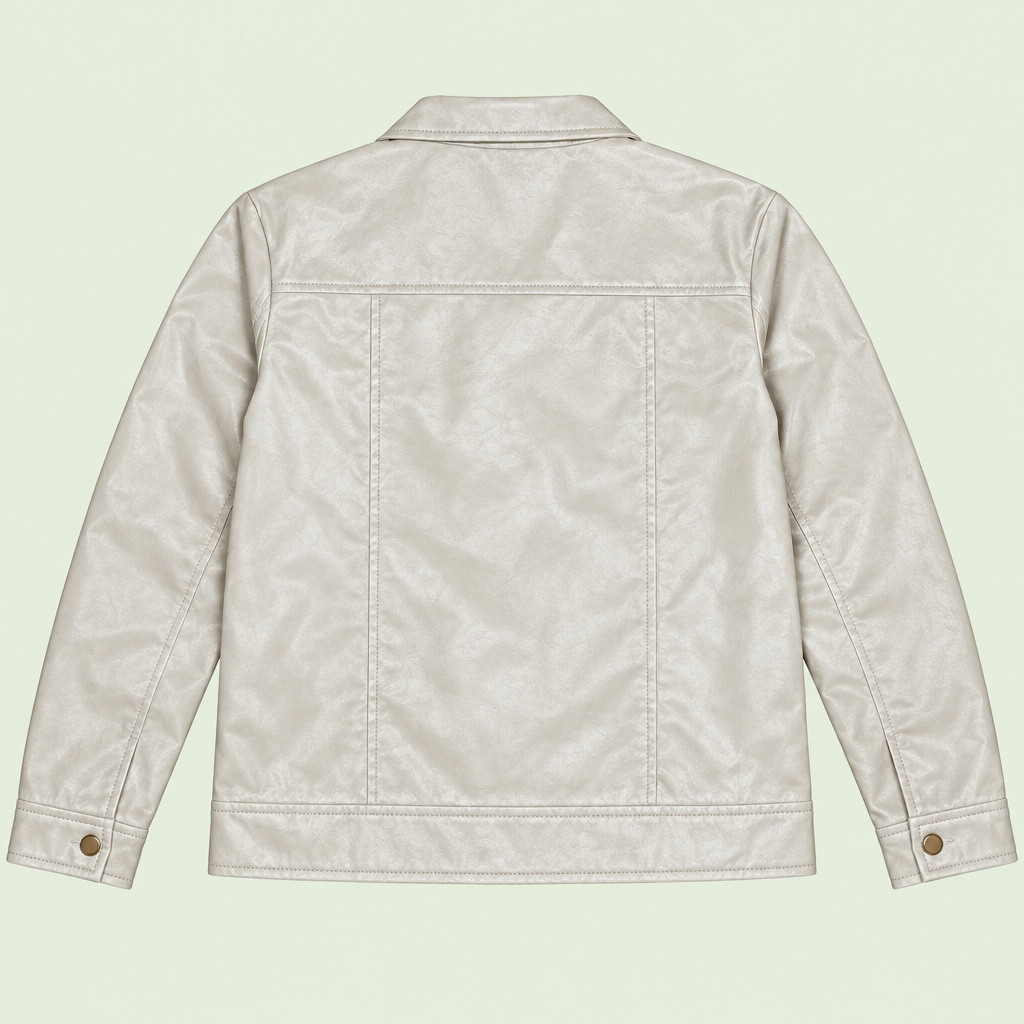 Chaqueta Aura beige, vista trasera con fondo verde claro