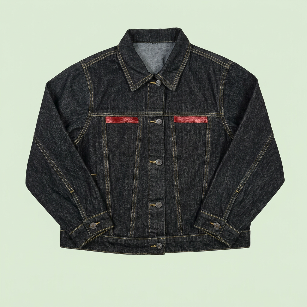 Chaqueta vaquera negra Frida en Flor, vista frontal sobre fondo verde claro