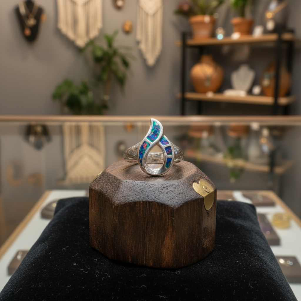 Anillo Llama de Fuego expuesto en una vitrina de joyería, formato cuadrado