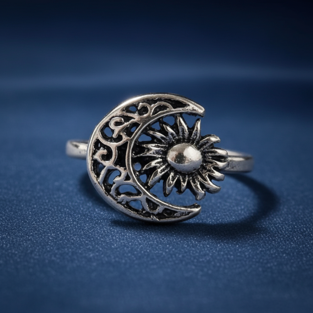 Detalle frontal de los símbolos del sol y la luna en un anillo de acero