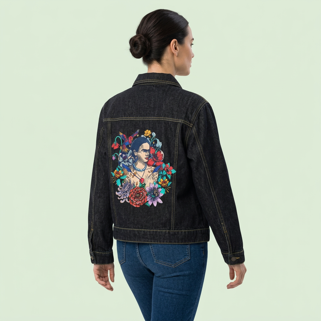 Modelo con chaqueta vaquera negra Frida en Flor sobre fondo verde claro