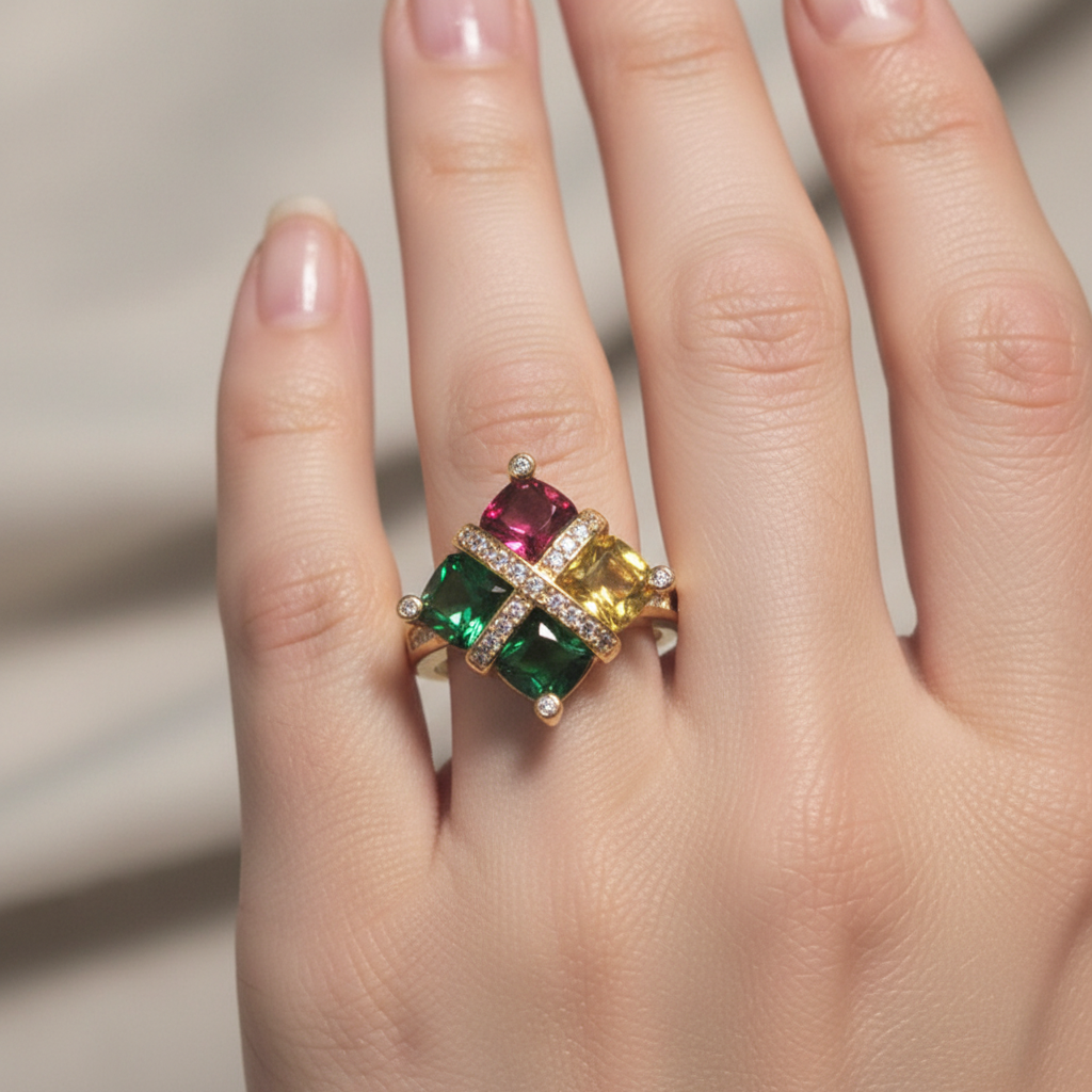 Anillo Art Deco de plata 925 chapado en oro de 18K en la mano de una modelo